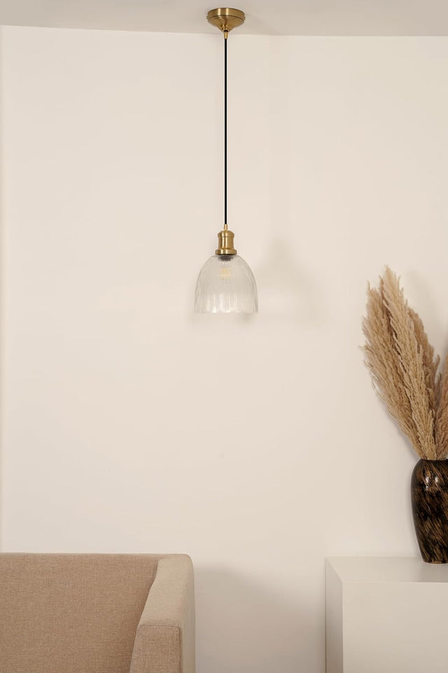 Divine Trends Grooved Transparent Glass Hanging Pendant Light with Antique Brass Finish | Hanging Lights for Living Room, Bedroom, Kitchen, Dining | Pendant Lamp for Restaurant Cafes - Pack of 1