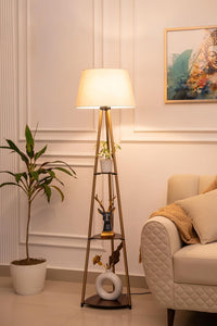 Divine Trends 3 Shelves Floor Lamp Brass Antique Finish 5 Feet Height with 16” Diameter Off White LampShade for Living Room, Bedroom, Home Decoration | Led Bulb Included - Pack of 1