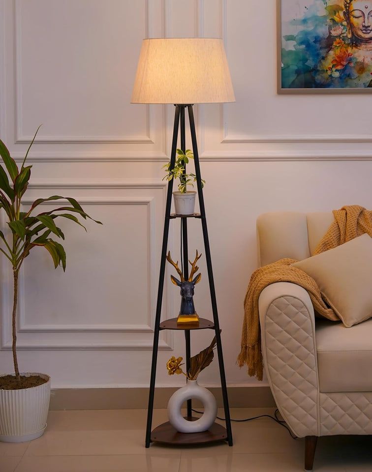 Divine Trends 3 Shelves Floor Lamp Black Polished 5 Feet Height with 16” Diameter Off White Shade for Living Room, Bedroom, Home Decoration | Led Bulb Included - Pack of 1
