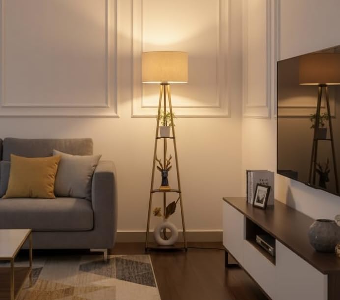 Divine Trends 3 Shelves Floor Lamp Brass Antique Finish 5 Feet Height with 14” Diameter Off White Drum Shade for Living Room, Bedroom, Home Decoration | Led Bulb Included - Pack of 1