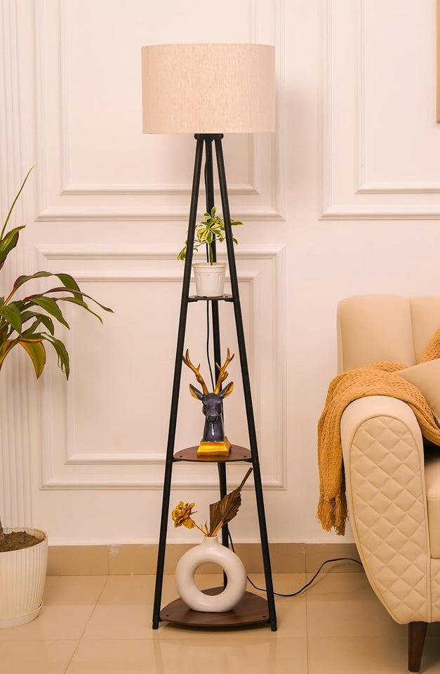 Divine Trends 3 Shelves Floor Lamp Black Polished 5 Feet Height with 14” Diameter Off White Drum Shade for Living Room, Bedroom, Home Decoration | Led Bulb Included - Pack of 1
