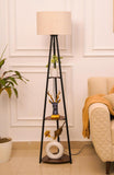 Divine Trends 3 Shelves Floor Lamp Black Polished 5 Feet Height with 14” Diameter Off White Drum Shade for Living Room, Bedroom, Home Decoration | Led Bulb Included - Pack of 1