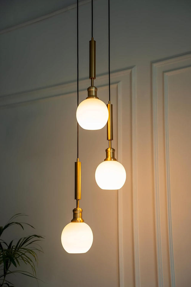 Divine Trends Triple Globe Hanging Pendant Light Antique Brass Finish with Frosted Milky White Glass | Hanging Lamp for Living Room | Chandelier Ceiling Lamp - Pack of 1