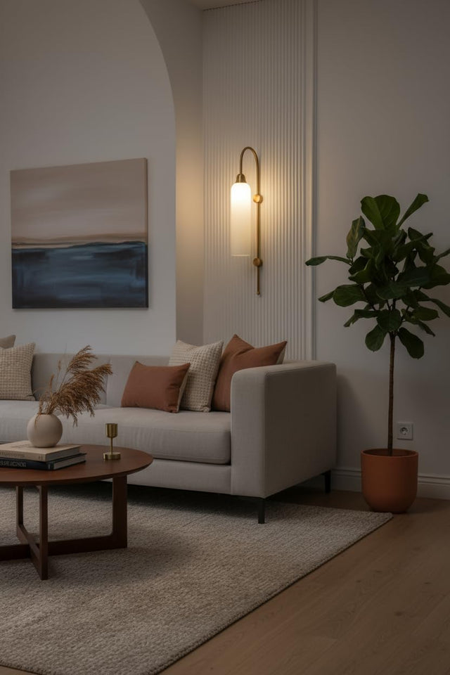 Divine Trends Modern Wall Lamp Antique Brass Finish with Frosted Milky White Long Glass for Bedside, Living Room, Bedroom, Home Decoration, Restaurant | Wall Light - Pack of 1