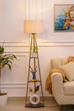 Divine Trends 3 Shelves Floor Lamp Brass Antique Finish 5 Feet Height with 14” Diameter Off White Drum Shade for Living Room, Bedroom, Home Decoration | Led Bulb Included - Pack of 1
