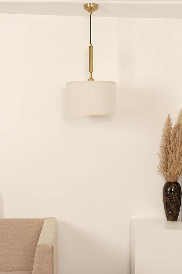 Divine Trends Brass Antique Cotton Fabric Lamp Shade Pendant Hanging Light 14" Diameter Off White Shade