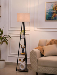 Divine Trends 3 Shelves Floor Lamp Black Polished 5 Feet Height with 14” Diameter Off White Drum Shade for Living Room, Bedroom, Home Decoration | Led Bulb Included - Pack of 1