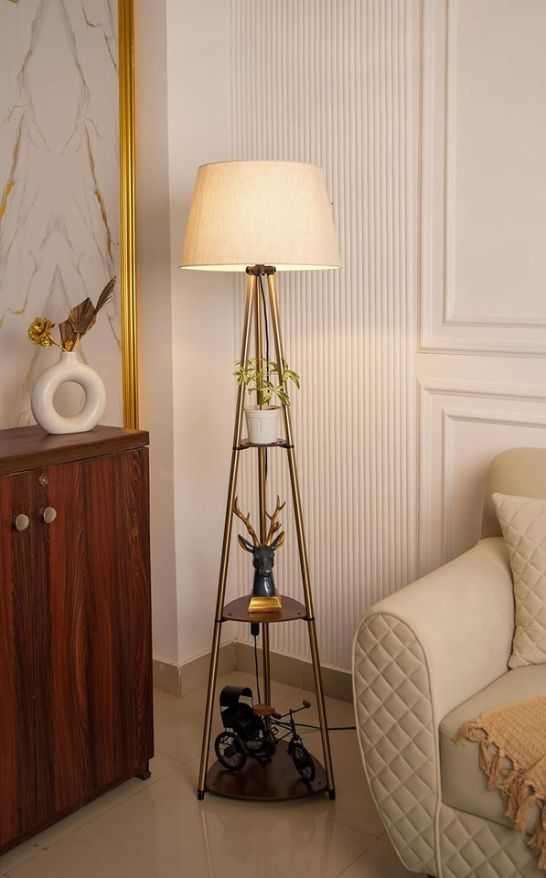 Divine Trends 3 Shelves Floor Lamp Brass Antique Finish 5 Feet Height with 16” Diameter Off White LampShade for Living Room, Bedroom, Home Decoration | Led Bulb Included - Pack of 1