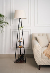 Divine Trends 3 Shelves Floor Lamp Black Polished 5 Feet Height with 16” Diameter Off White Shade for Living Room, Bedroom, Home Decoration | Led Bulb Included - Pack of 1
