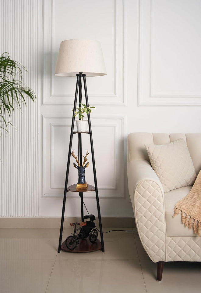 Divine Trends 3 Shelves Floor Lamp Black Polished 5 Feet Height with 16” Diameter Off White Shade for Living Room, Bedroom, Home Decoration | Led Bulb Included - Pack of 1