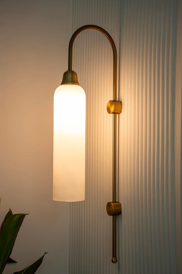 Divine Trends Modern Wall Lamp Antique Brass Finish with Frosted Milky White Long Glass for Bedside, Living Room, Bedroom, Home Decoration, Restaurant | Wall Light - Pack of 1