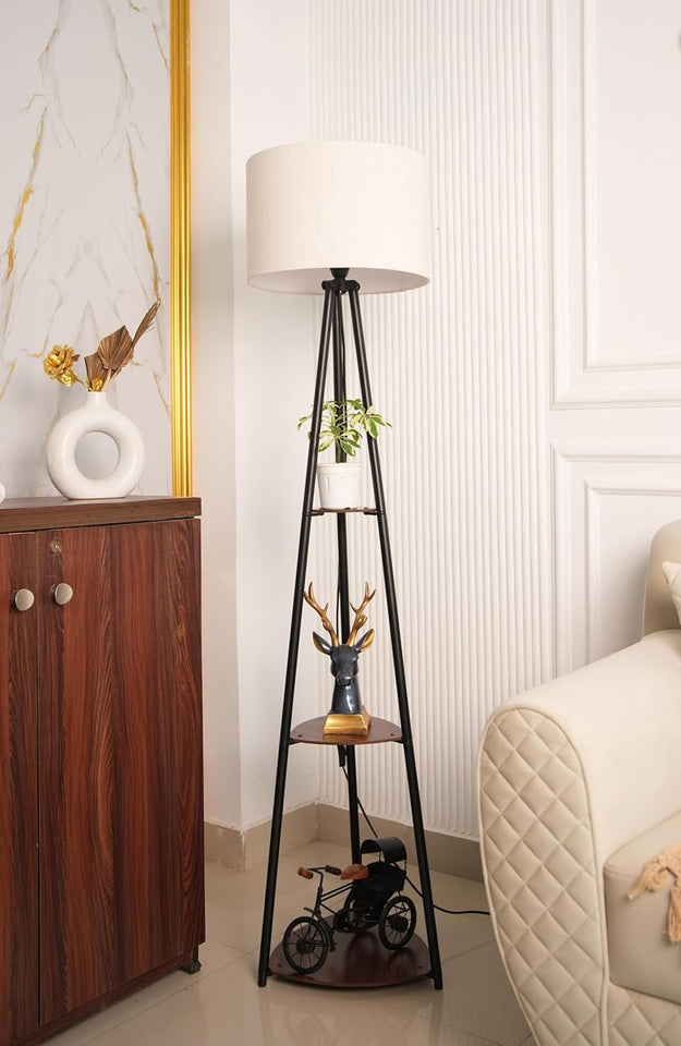 Divine Trends 3 Shelves Floor Lamp Black Polished 5 Feet Height with 14” Diameter Off White Drum Shade for Living Room, Bedroom, Home Decoration | Led Bulb Included - Pack of 1