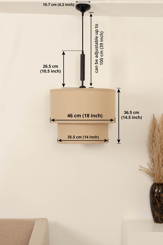 Divine Trends Beige Double Decker Fabric Hanging Pendant Light Black Polished | Hanging Lights for Living Room, Bedroom | Ceiling Lamps for Home Decoration