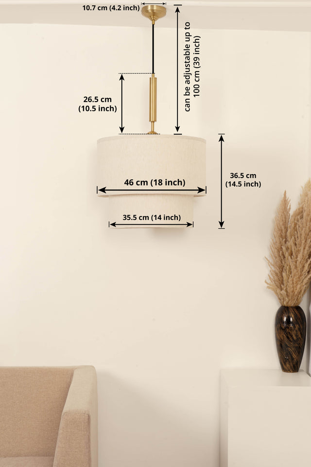 Divine Trends Off White Double Decker Fabric Hanging Pendant Light Antique Brass Finish| Hanging Lights for Living Room, Bedroom | Ceiling Lamps for Home Decoration