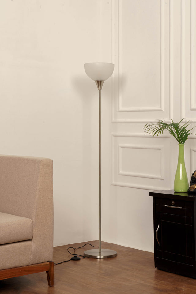 Divine Trends Uplighter Satin Nickel Finish Floor Lamp for Living Room with Frosted Glass Lampshade | Includes LED Warm Bulb | Hidden Wire Design | Uplight Corner Standing Lamp for Home | Pack of 1