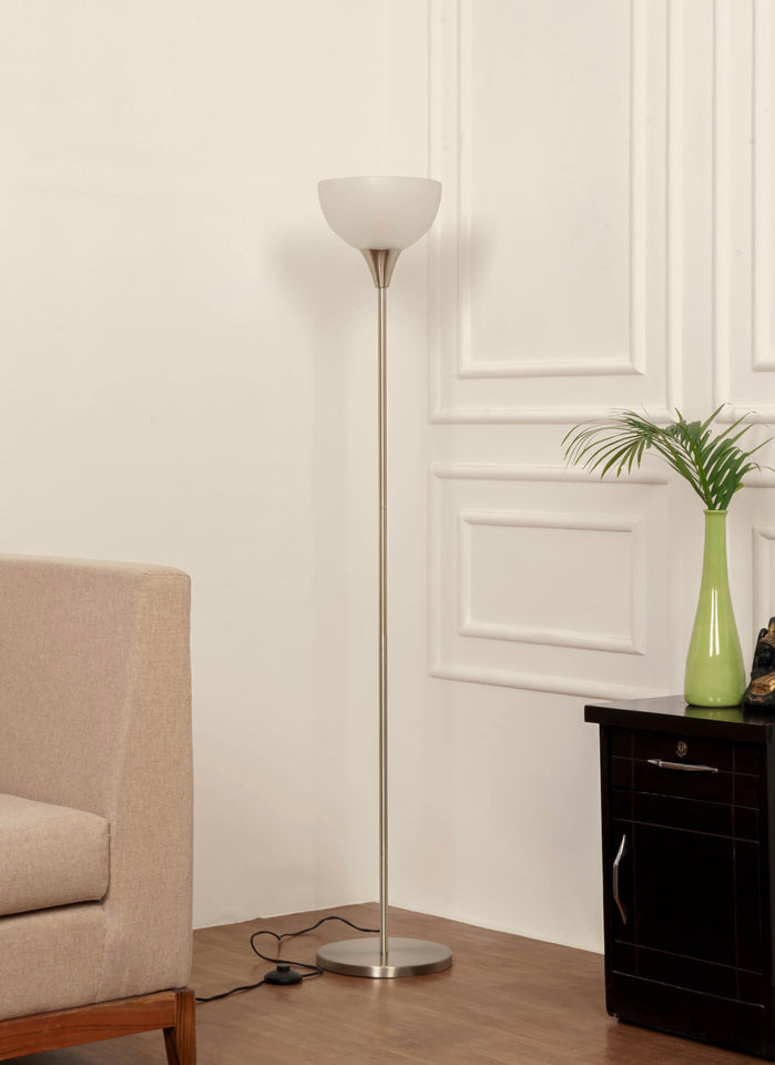 Divine Trends Uplighter Satin Nickel Finish Floor Lamp for Living Room with Frosted Glass Lampshade | Includes LED Warm Bulb | Hidden Wire Design | Uplight Corner Standing Lamp for Home | Pack of 1