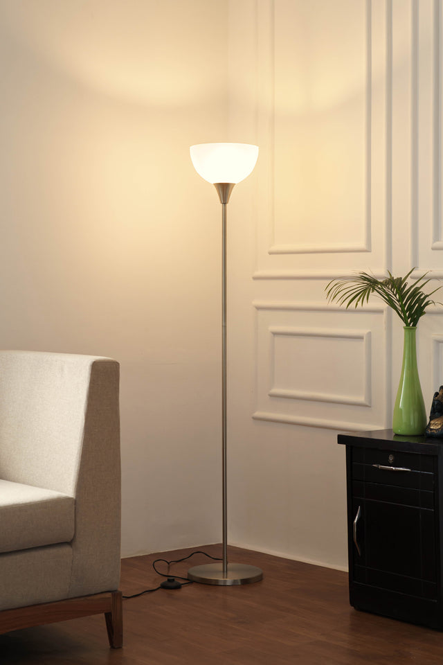 Divine Trends Uplighter Satin Nickel Finish Floor Lamp for Living Room with Frosted Glass Lampshade | Includes LED Warm Bulb | Hidden Wire Design | Uplight Corner Standing Lamp for Home | Pack of 1