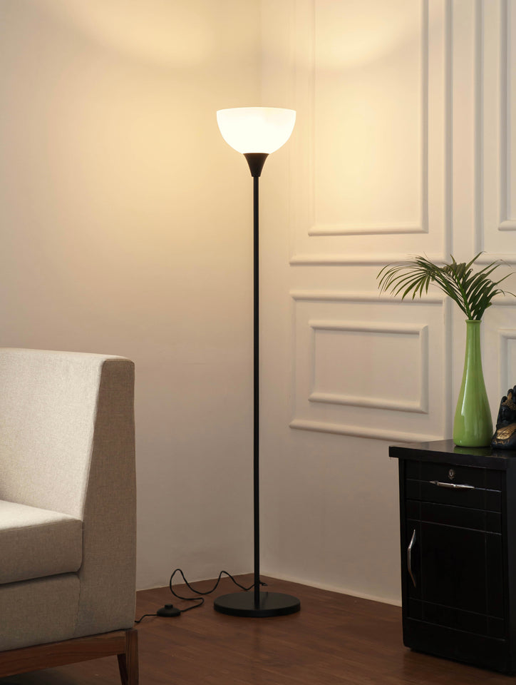 Divine Trends Uplighter Black Polished Finish Floor Lamp for Living Room with Frosted Glass Lampshade | Includes LED Warm Bulb | Hidden Wire Design | Uplight Corner Standing Lamp for Home | Pack of 1