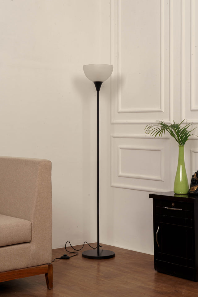 Divine Trends Uplighter Black Polished Finish Floor Lamp for Living Room with Frosted Glass Lampshade | Includes LED Warm Bulb | Hidden Wire Design | Uplight Corner Standing Lamp for Home | Pack of 1