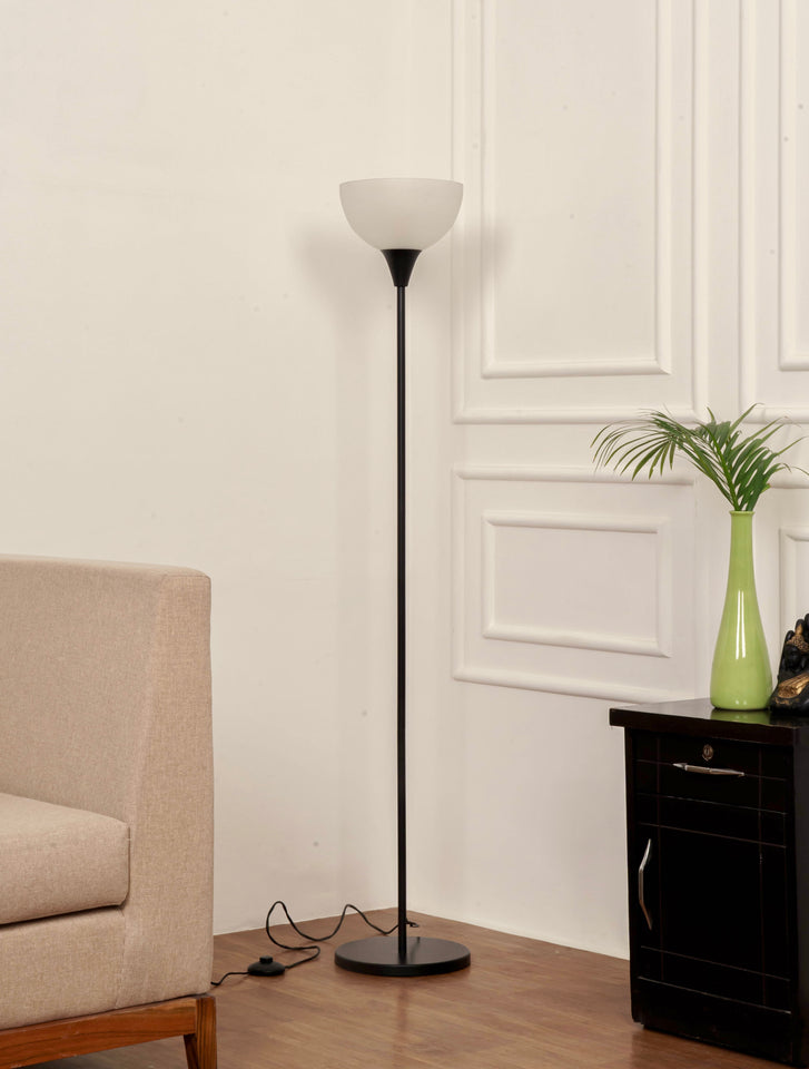 Divine Trends Uplighter Black Polished Finish Floor Lamp for Living Room with Frosted Glass Lampshade | Includes LED Warm Bulb | Hidden Wire Design | Uplight Corner Standing Lamp for Home | Pack of 1