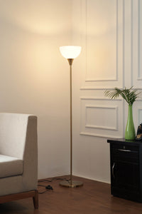 Divine Trends Uplighter Brass Antique Finish Floor Lamp for Living Room with Frosted Glass Lampshade | Includes LED Warm Bulb | Hidden Wire Design | Uplight Corner Standing Lamp for Home | Pack of 1