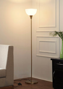 Divine Trends Uplighter Brass Antique Finish Floor Lamp for Living Room with Frosted Glass Lampshade | Includes LED Warm Bulb | Hidden Wire Design | Uplight Corner Standing Lamp for Home | Pack of 1