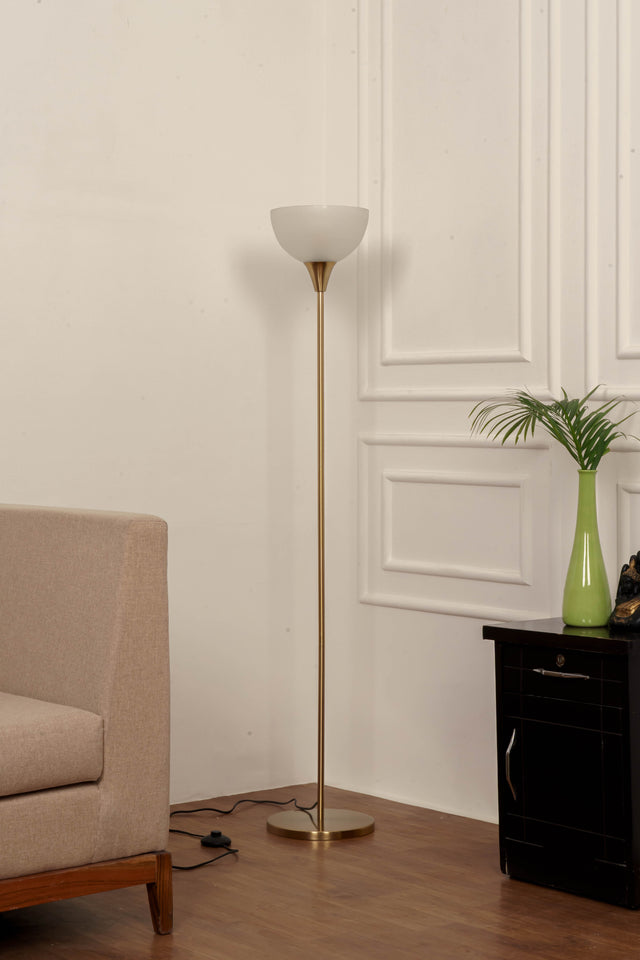 Divine Trends Uplighter Brass Antique Finish Floor Lamp for Living Room with Frosted Glass Lampshade | Includes LED Warm Bulb | Hidden Wire Design | Uplight Corner Standing Lamp for Home | Pack of 1