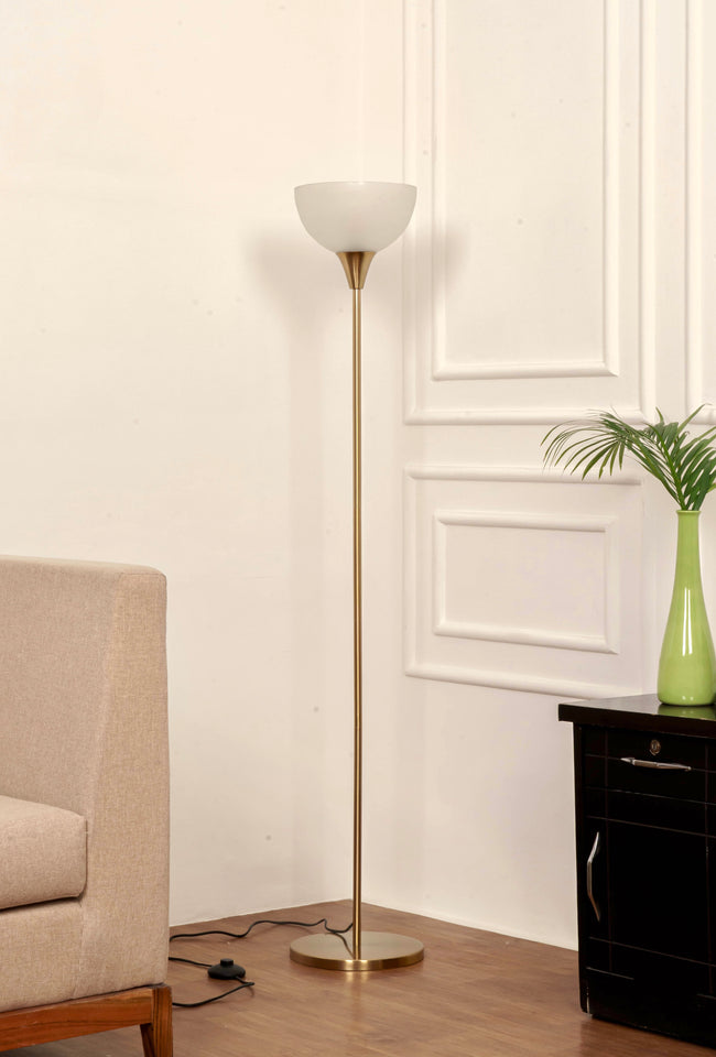 Divine Trends Uplighter Brass Antique Finish Floor Lamp for Living Room with Frosted Glass Lampshade | Includes LED Warm Bulb | Hidden Wire Design | Uplight Corner Standing Lamp for Home | Pack of 1