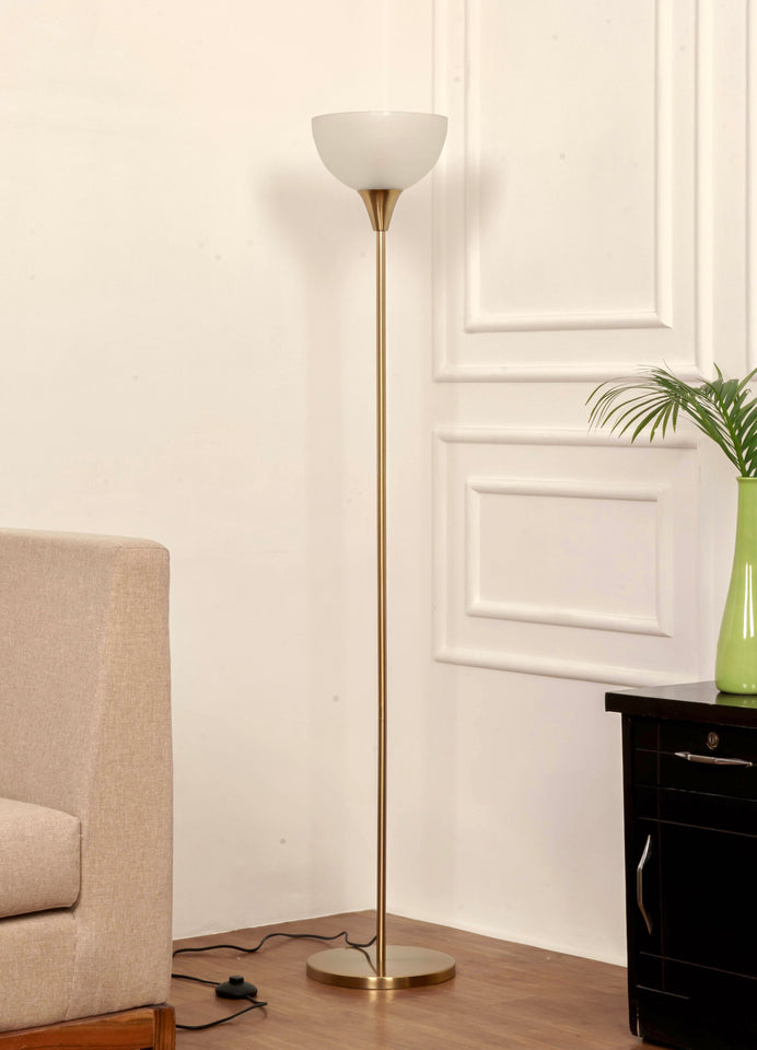 Divine Trends Uplighter Brass Antique Finish Floor Lamp for Living Room with Frosted Glass Lampshade | Includes LED Warm Bulb | Hidden Wire Design | Uplight Corner Standing Lamp for Home | Pack of 1