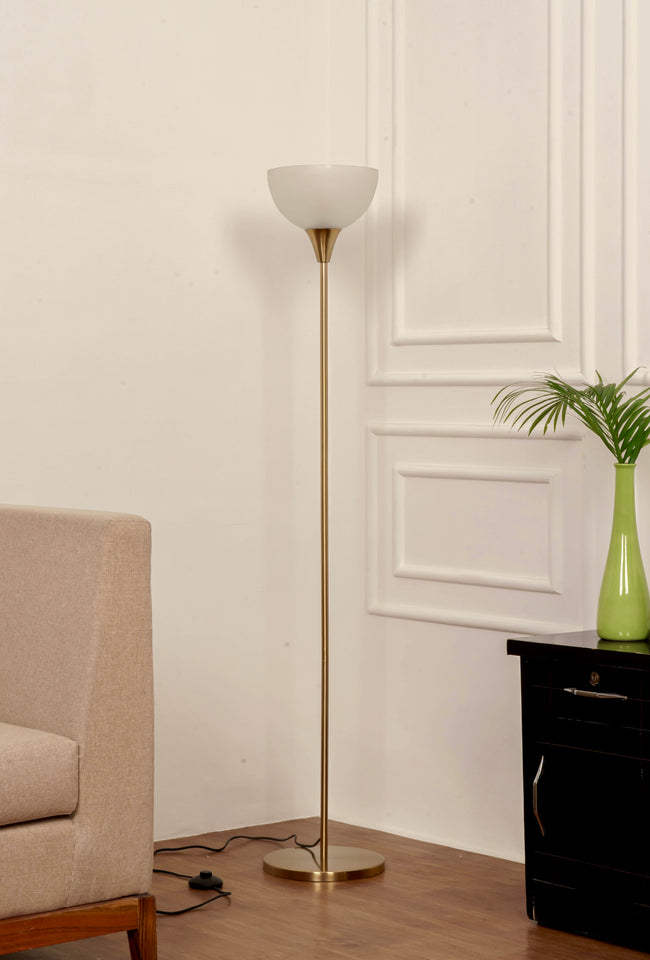 Divine Trends Uplighter Brass Antique Finish Floor Lamp for Living Room with Frosted Glass Lampshade | Includes LED Warm Bulb | Hidden Wire Design | Uplight Corner Standing Lamp for Home | Pack of 1