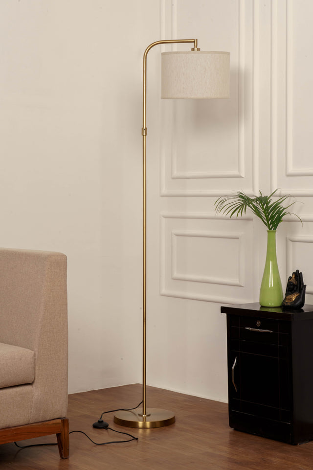 Divine Trends Antique Brass Finish Task Floor Lamp – Adjustable, 6 ft, Off-White Piping Fabric Shade