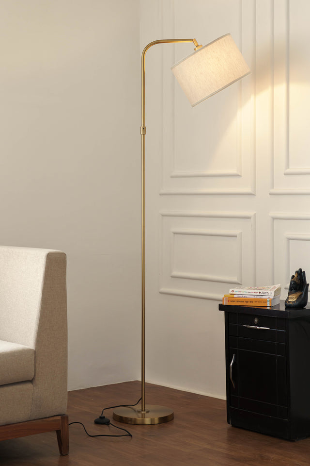 Divine Trends Antique Brass Finish Task Floor Lamp – Adjustable, 6 ft, Off-White Piping Fabric Shade