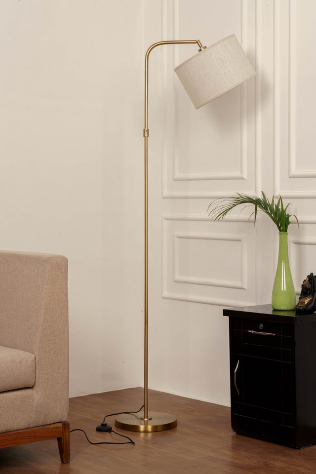 Divine Trends Antique Brass Finish Task Floor Lamp – Adjustable, 6 ft, Off-White Piping Fabric Shade