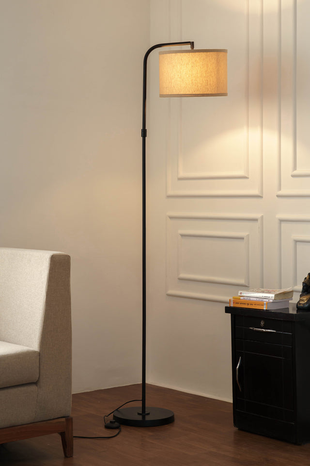 Divine Trends Black Polished Task Floor Lamp – Adjustable, 6 ft with Off-White Piping Fabric Shade