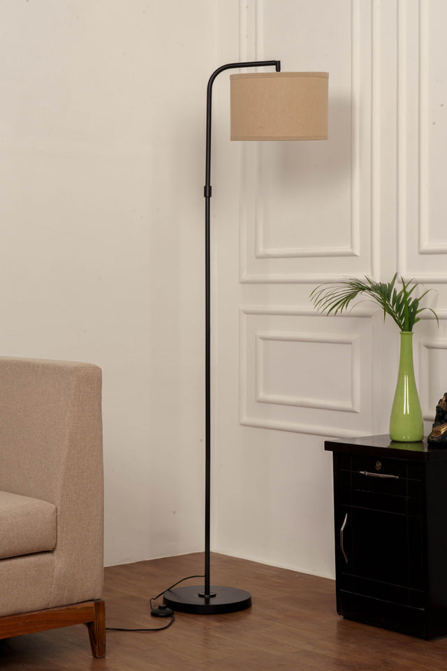 Divine Trends Black Polished Task Floor Lamp – Adjustable, 6 ft with Off-White Piping Fabric Shade