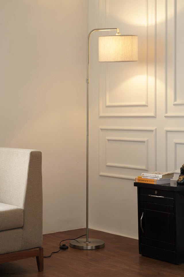 Divine Trends Satin Nickel Finish Task Floor Lamp – Adjustable, 6 ft, Off-White Piping Fabric Shade