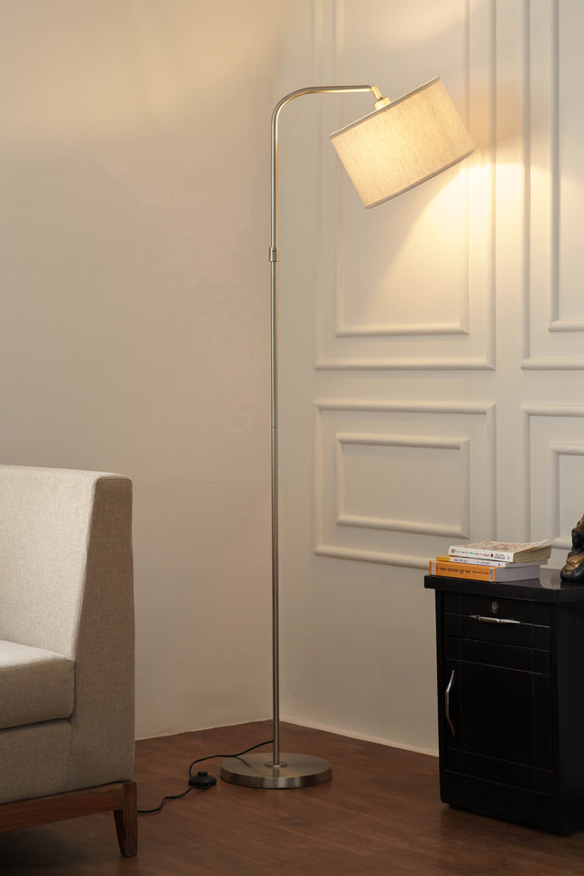 Divine Trends Satin Nickel Finish Task Floor Lamp – Adjustable, 6 ft, Off-White Piping Fabric Shade