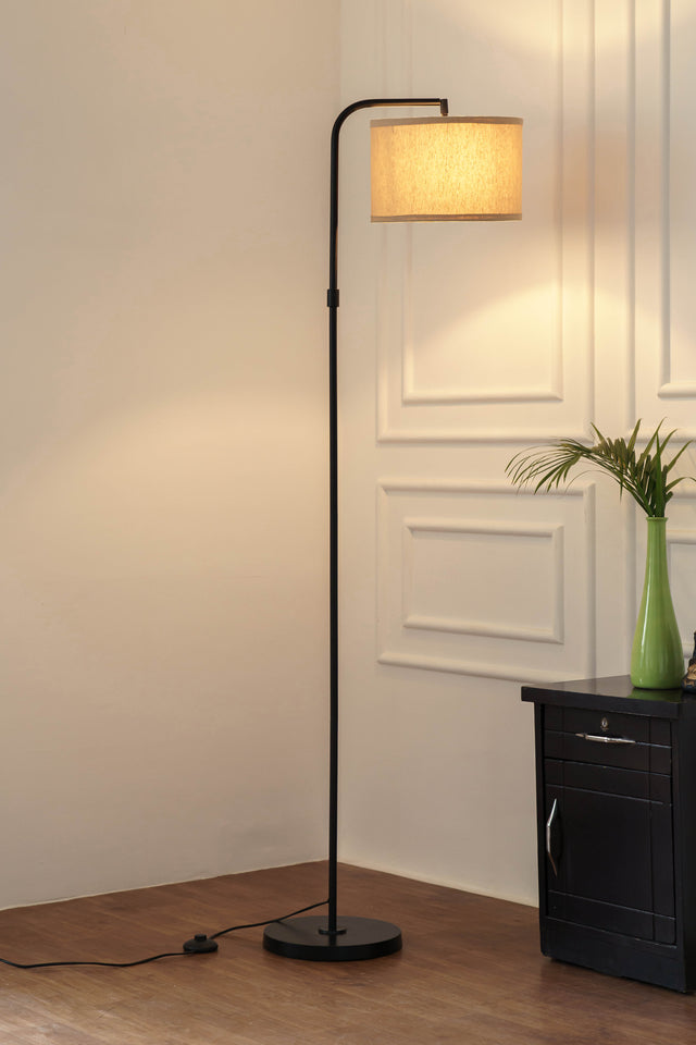 Divine Trends Black Polished Task Floor Lamp – Adjustable, 6 ft with Off-White Piping Fabric Shade