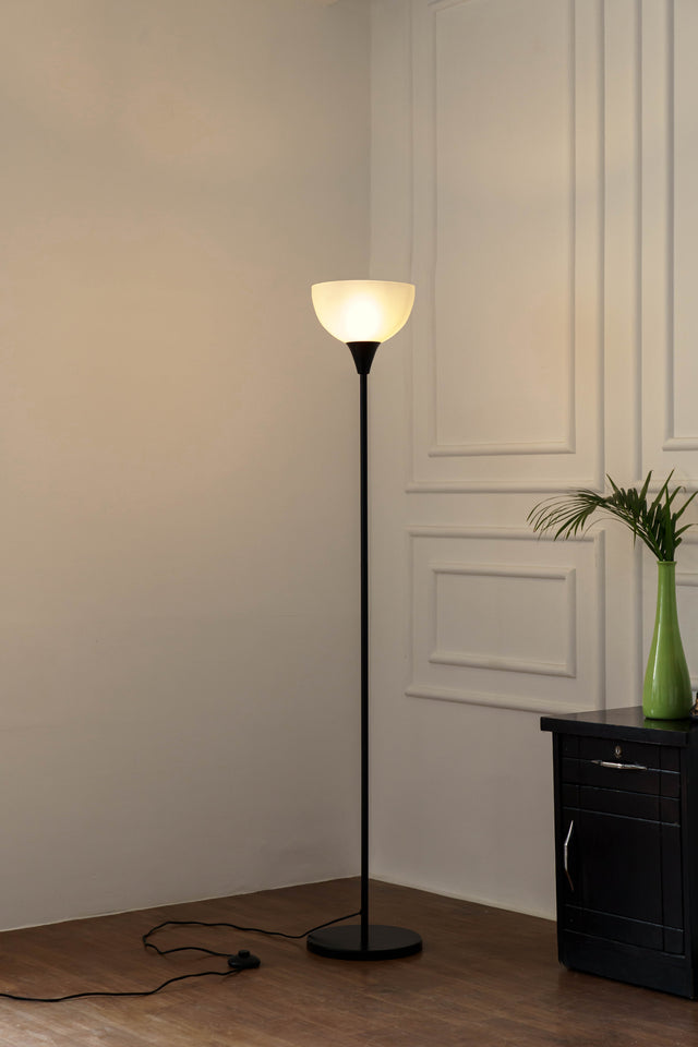 Divine Trends Uplighter Black Polished Finish Floor Lamp for Living Room with Frosted Glass Lampshade | Includes LED Warm Bulb | Hidden Wire Design | Uplight Corner Standing Lamp for Home | Pack of 1
