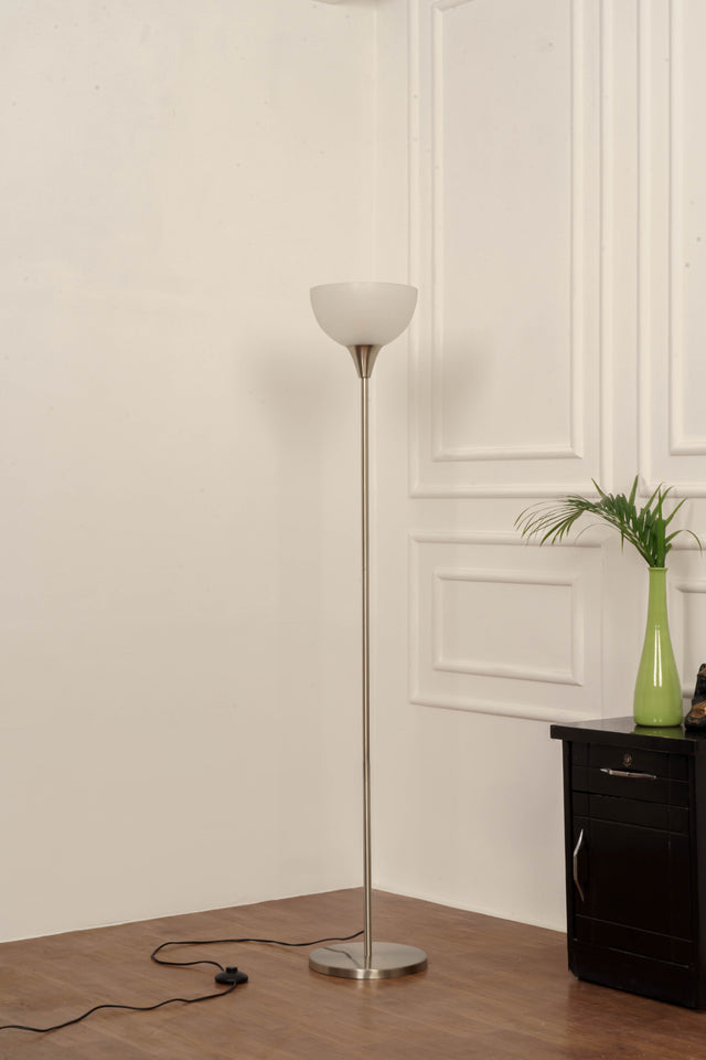 Divine Trends Uplighter Satin Nickel Finish Floor Lamp for Living Room with Frosted Glass Lampshade | Includes LED Warm Bulb | Hidden Wire Design | Uplight Corner Standing Lamp for Home | Pack of 1
