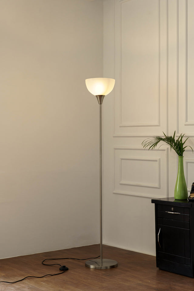 Divine Trends Uplighter Satin Nickel Finish Floor Lamp for Living Room with Frosted Glass Lampshade | Includes LED Warm Bulb | Hidden Wire Design | Uplight Corner Standing Lamp for Home | Pack of 1
