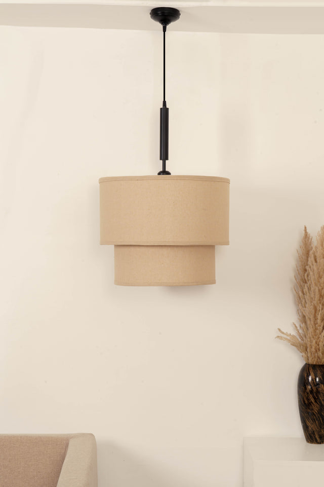 Divine Trends Beige Double Decker Fabric Hanging Pendant Light Black Polished | Hanging Lights for Living Room, Bedroom | Ceiling Lamps for Home Decoration