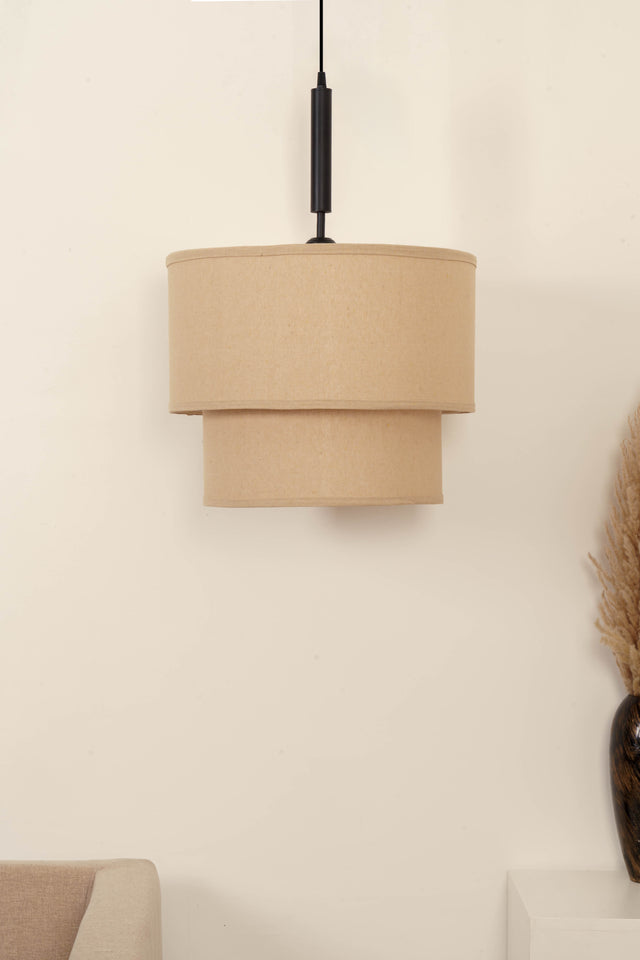Divine Trends Beige Double Decker Fabric Hanging Pendant Light Black Polished | Hanging Lights for Living Room, Bedroom | Ceiling Lamps for Home Decoration