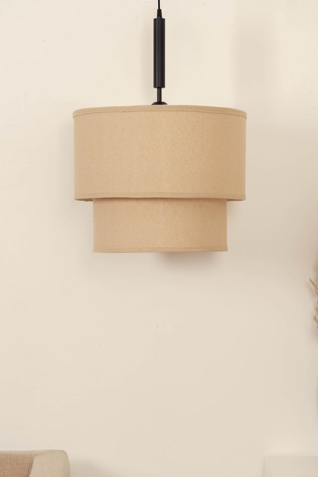 Divine Trends Beige Double Decker Fabric Hanging Pendant Light Black Polished | Hanging Lights for Living Room, Bedroom | Ceiling Lamps for Home Decoration