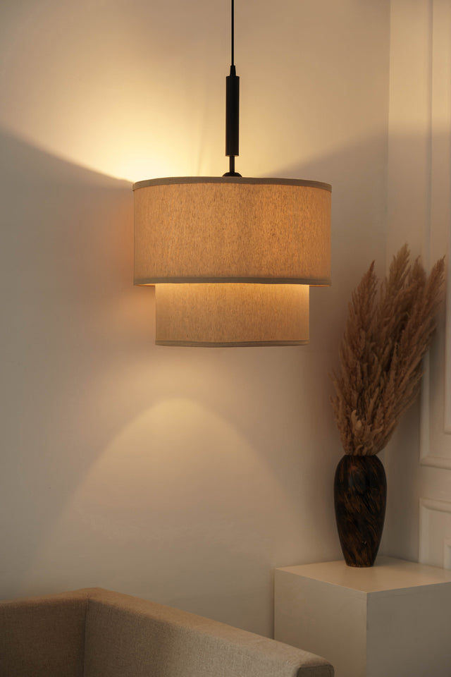 Divine Trends Beige Double Decker Fabric Hanging Pendant Light Black Polished | Hanging Lights for Living Room, Bedroom | Ceiling Lamps for Home Decoration