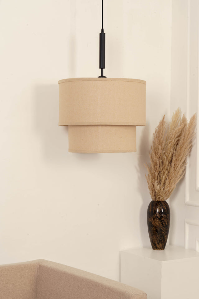 Divine Trends Beige Double Decker Fabric Hanging Pendant Light Black Polished | Hanging Lights for Living Room, Bedroom | Ceiling Lamps for Home Decoration