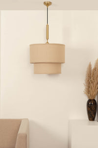Divine Trends Beige Double Decker Fabric Hanging Pendant Light Antique Brass Finish| Hanging Lights for Living Room, Bedroom | Ceiling Lamps for Home Decoration