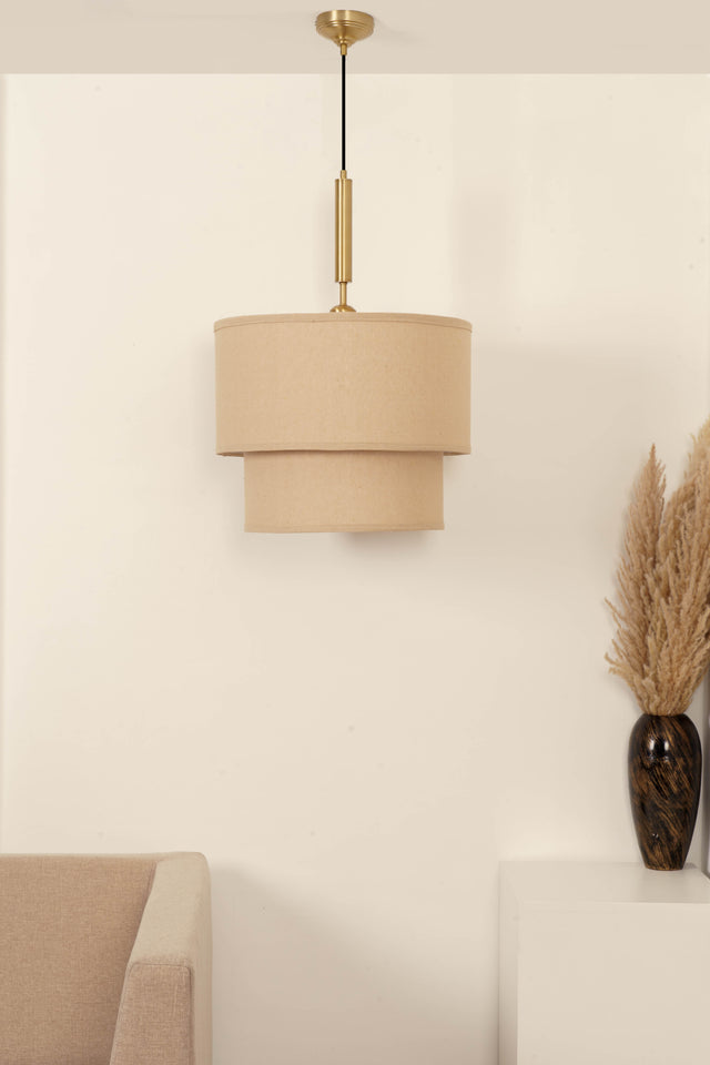 Divine Trends Beige Double Decker Fabric Hanging Pendant Light Antique Brass Finish| Hanging Lights for Living Room, Bedroom | Ceiling Lamps for Home Decoration