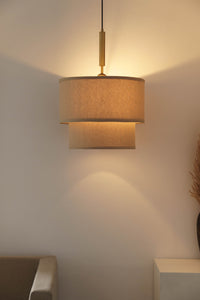 Divine Trends Beige Double Decker Fabric Hanging Pendant Light Antique Brass Finish| Hanging Lights for Living Room, Bedroom | Ceiling Lamps for Home Decoration