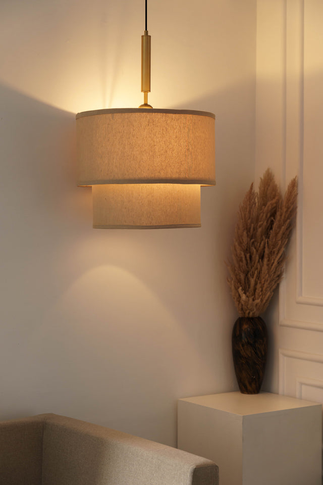 Divine Trends Beige Double Decker Fabric Hanging Pendant Light Antique Brass Finish| Hanging Lights for Living Room, Bedroom | Ceiling Lamps for Home Decoration